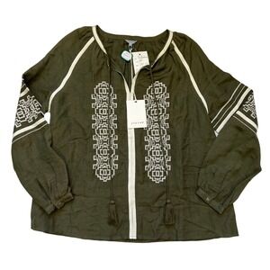 Jigsaw Martina Aztec Blouse Khaki Green‎ Linen Blend Embroidered Top S